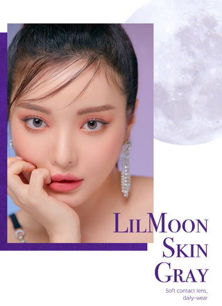 Comparison image of a woman's natural dark eye color and with LensMe LilMoon Skin Grey Japanese colored contacts, available in prescription.