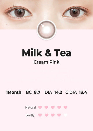 Asian model demonstrating a K-idol-inspired look with Chuu Milk & Tea Cream Pink coloured contact lenses, highlighting the instant brightening and enlarging effect of the circle contact lenses over dark irises.