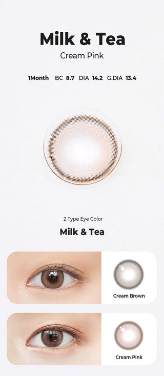 Asian model demonstrating a K-idol-inspired look with Chuu Milk & Tea Cream Pink coloured contact lenses, highlighting the instant brightening and enlarging effect of the circle contact lenses over dark irises.