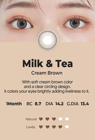 Asian model demonstrating a K-idol-inspired look with Chuu Milk & Tea Cream Brown coloured contact lenses, highlighting the instant brightening and enlarging effect of the circle contact lenses over dark irises.