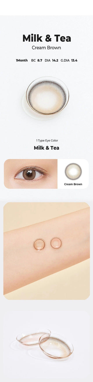 Asian model demonstrating a K-idol-inspired look with Chuu Milk & Tea Cream Brown coloured contact lenses, highlighting the instant brightening and enlarging effect of the circle contact lenses over dark irises.