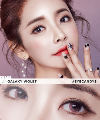 Asian model wearing Galaxy violet contact lens with red lipstick, nails pointed to lips, closeup of eyes transformed by violet contacts