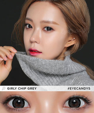 Model is displaying the vivid hue of EyeCandys' Pink Label Blossom Grey contact lenses against her dark eyes, with a detailed close-up of the lenses on her eyes included below.