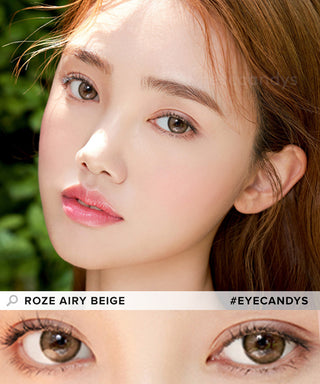 Model showcasing a clean-makeup look using i-DOL Roze Airy Beige Brown blended color contacts, above a closeup showing how well the color contacts blend in with her dark eyes.