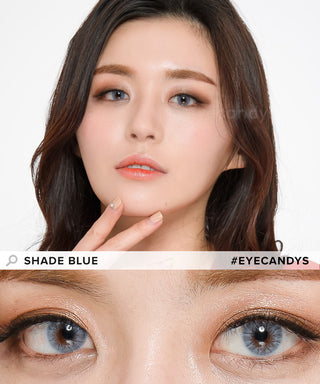 Model wearing Shade Blue contact lenses with complementary neutral eyeshadow, above a close-up of her naturally dark eyes enhanced with blue contacts.