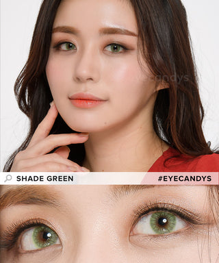 Female model wearing Shade Green contact lenses with complementary neutral eyeshadow, above a close-up of her eyes enhanced with Green contacts.