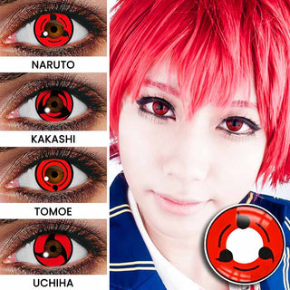 Sharingan Eyes Color Contact Lenses for Cosplay shown in various character versions (Naruto, Kakashi, Tomoe, Uchicha), next to a model wearing the Naruto contact lenses demonstrating the opaque bright effect on dark eyes