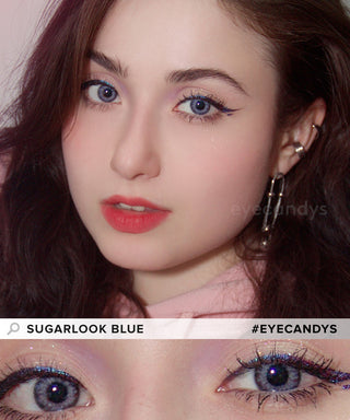 Model showcasing EyeCandys Sugarlook Blue colored eye lenses with complementary pink lipstick