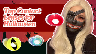 Woman wearing cosplay makeup beside red, yellow cat-eye, and blue halloween contact lenses.
