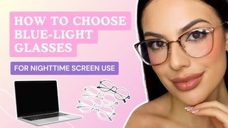 Woman wearing cat eye glasses beside a laptop and text on how to choose blue light glasses.