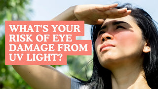 Woman shields her eyes from bright sunlight outdoors under text asking about risk of eye damage from UV light.