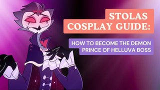 Stolas cosplay guide banner featuring the Helluva Boss demon prince character.