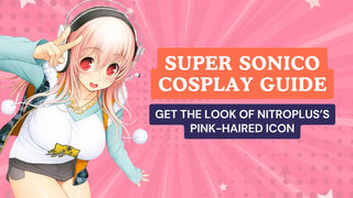 Super Sonico cosplay guide graphic with pink-haired anime girl wearing headphones and giving a peace sign.