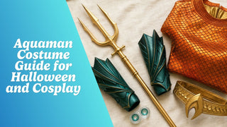 Aquaman cosplay flat lay with an orange scale top, gold trident, gold belt, and aqua contact lenses
