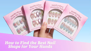Five press-on nail shapes in pastel shades arranged on cream linen surface