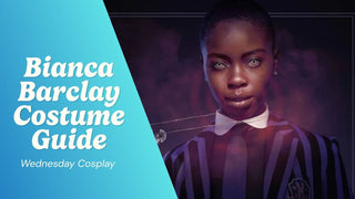 Bianca Barclay cosplay flat lay with a striped blazer, tie, siren necklace, and pale blue contacts