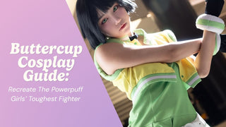 Buttercup cosplay flat lay with a green dress, black belt, white socks, and green contact lenses