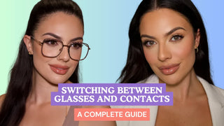 Guide showing a woman with and without oversized square eyeglasses for switching from contacts to glasses.