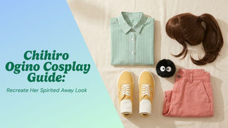 Chihiro cosplay flat lay with a green striped shirt, pink shorts, yellow sneakers, and a soot sprite plush