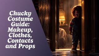 Chucky cosplay flat lay with a rainbow-striped shirt, denim overalls, red wig, foam knife and blue contacts