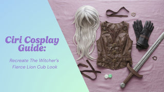 Ciri cosplay flat lay with a white wig, leather corset, sword prop, and green contact lenses