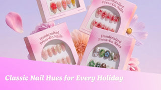 Press-on nail sets in a rainbow of holiday colors on cream linen