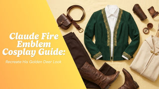 Claude cosplay flat lay with a brown curly wig, gold-trimmed jacket, bow prop, and green contact lenses