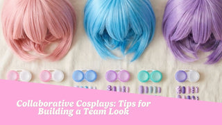 Group cosplay flat lay with colorful wigs, contact lens cases, and matching nail sets