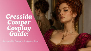 Cressida Cowper cosplay flat lay with a pink empire-waist gown, pearls, gloves, and a folding fan