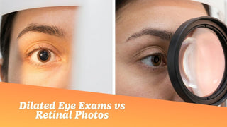 Side-by-side comparison of a dilated eye and an eye being photographed by a retinal camera during a comprehensive eye exam
