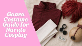 Gaara cosplay flat lay with a burgundy tunic, white sash, red wig, sand gourd, and aqua contacts