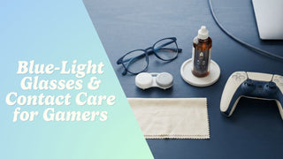 Lightweight glasses, a contact lens case, solution, and cloth beside a controller