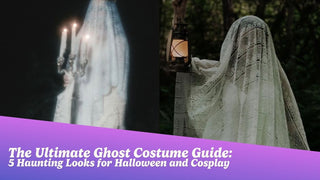 Ghost costume flat lay with sheer white fabric, antique lace, a vintage key, and pale contact lenses