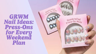 Glossy red, deep berry, and silver chrome press-on nail sets on dark satin with gold jewelry