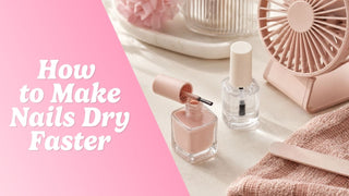 Nail polish bottle with brush, quick-dry top coat, and a small fan on cream