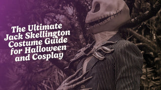 Jack Skellington cosplay flat lay with pinstripe jacket, bat bow tie, skull makeup, and contacts
