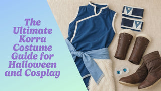 Korra cosplay flat lay with a blue tunic, waist wrap, brown bracers, and blue contact lenses