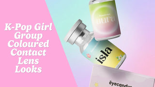 K-pop girl group contact lens flat lay with gray, blue, violet, and brown lenses and makeup
