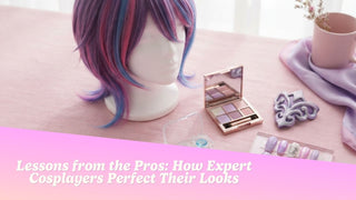 Cosplay prep flat lay with a styled wig, contact lenses, makeup, and press-on nails