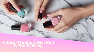 Nail polish bottles in coordinated mani pedi color pairs beside press-on nail sets