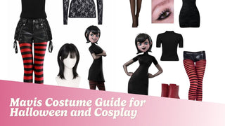 Mavis cosplay flat lay with a black dress, striped tights, red sneakers, and blue contact lenses