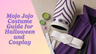 Mojo Jojo cosplay flat lay with purple-striped headpiece, cape, white belt, and pink contacts