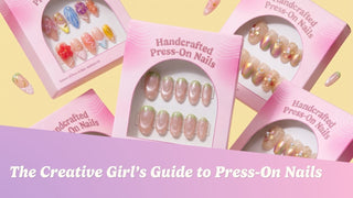 A press-on nail collection displayed with color swatches, jewelry, and fabric