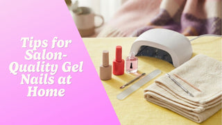 At-home gel manicure supplies with polish bottles, LED lamp, and nail file on a cream surface