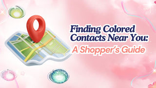 A map with a location pin and colored contacts titled Finding Colored Contacts Near You: A Shopper's Guide.