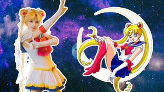 Cosplayer wearing a blonde Sailor Moon wig beside an anime illustration of Sailor Moon against a space background.