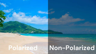 Split view of a tropical beach labeled Polarized on the left and Non-Polarized on the darker right.