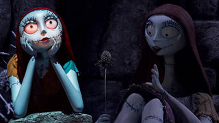 Sally from The Nightmare Before Christmas with long red hair, stitched pale blue skin, and large round eyes.