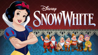 Disney Snow White in her blue gown with a red bow posing beside the seven dwarfs.