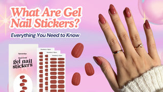 Strawberry n Spice gel nail stickers beside a hand with a matching sparkly red manicure.
